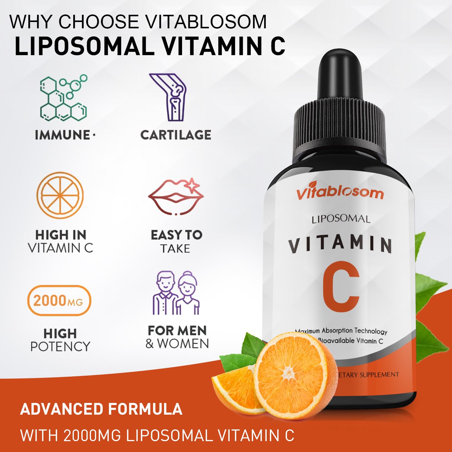 Vitablosom liposomal vitamin C 2000mg immune wellness icon communicates daily resilience idea.
