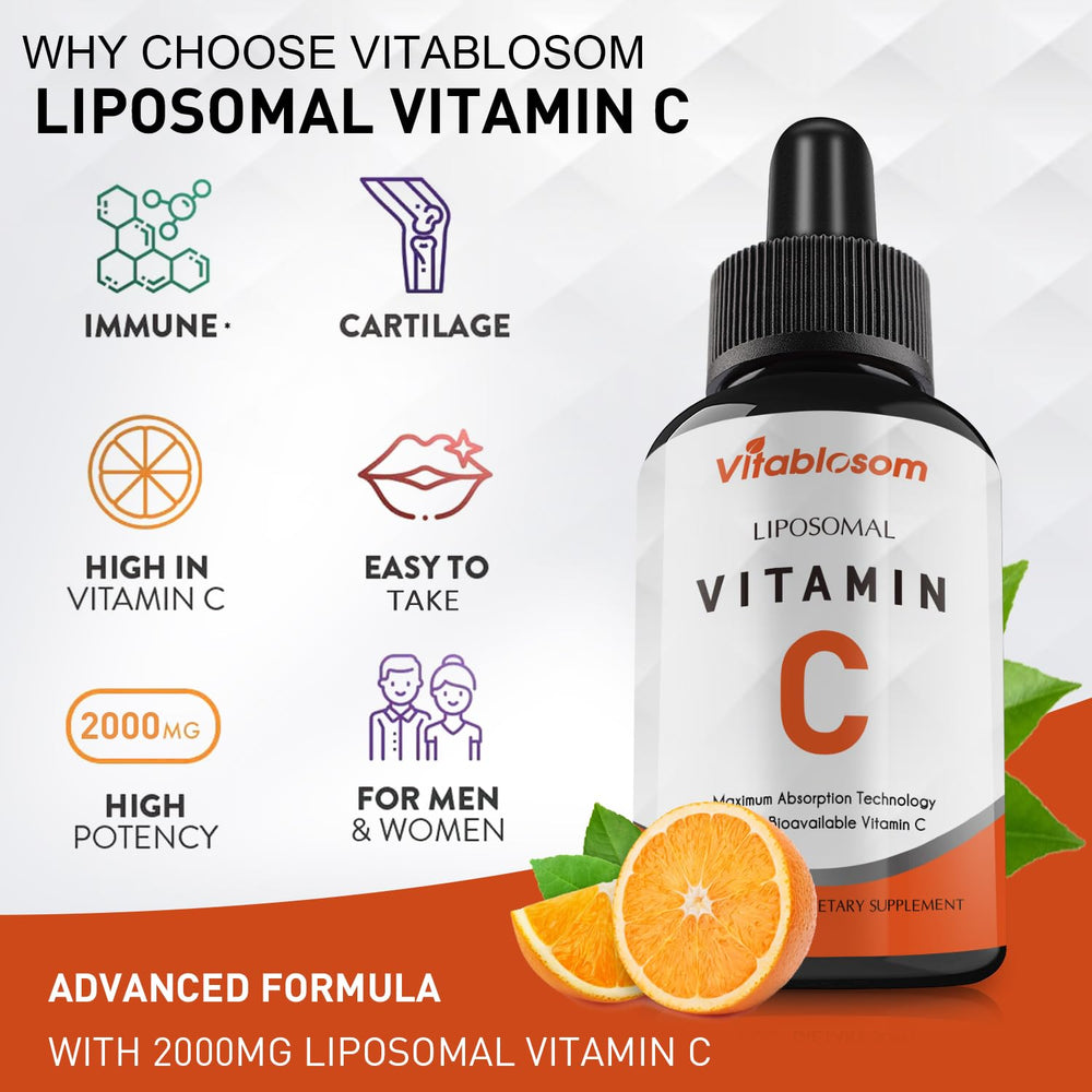 Vitablosom liposomal vitamin C 2000mg immune wellness icon communicates daily resilience idea.