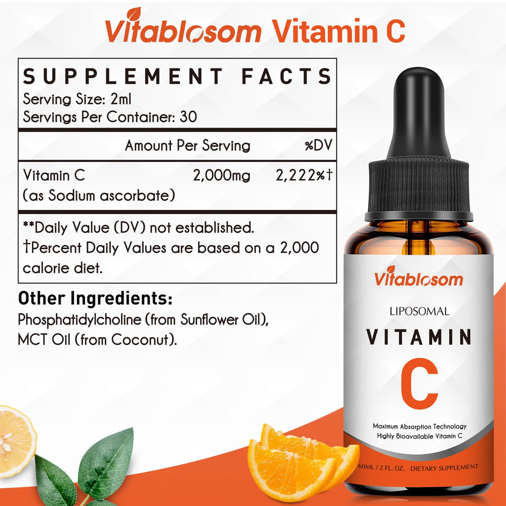 Vitablosom liposomal vitamin C 2000mg vegan-friendly label reinforces animal-free formulation.