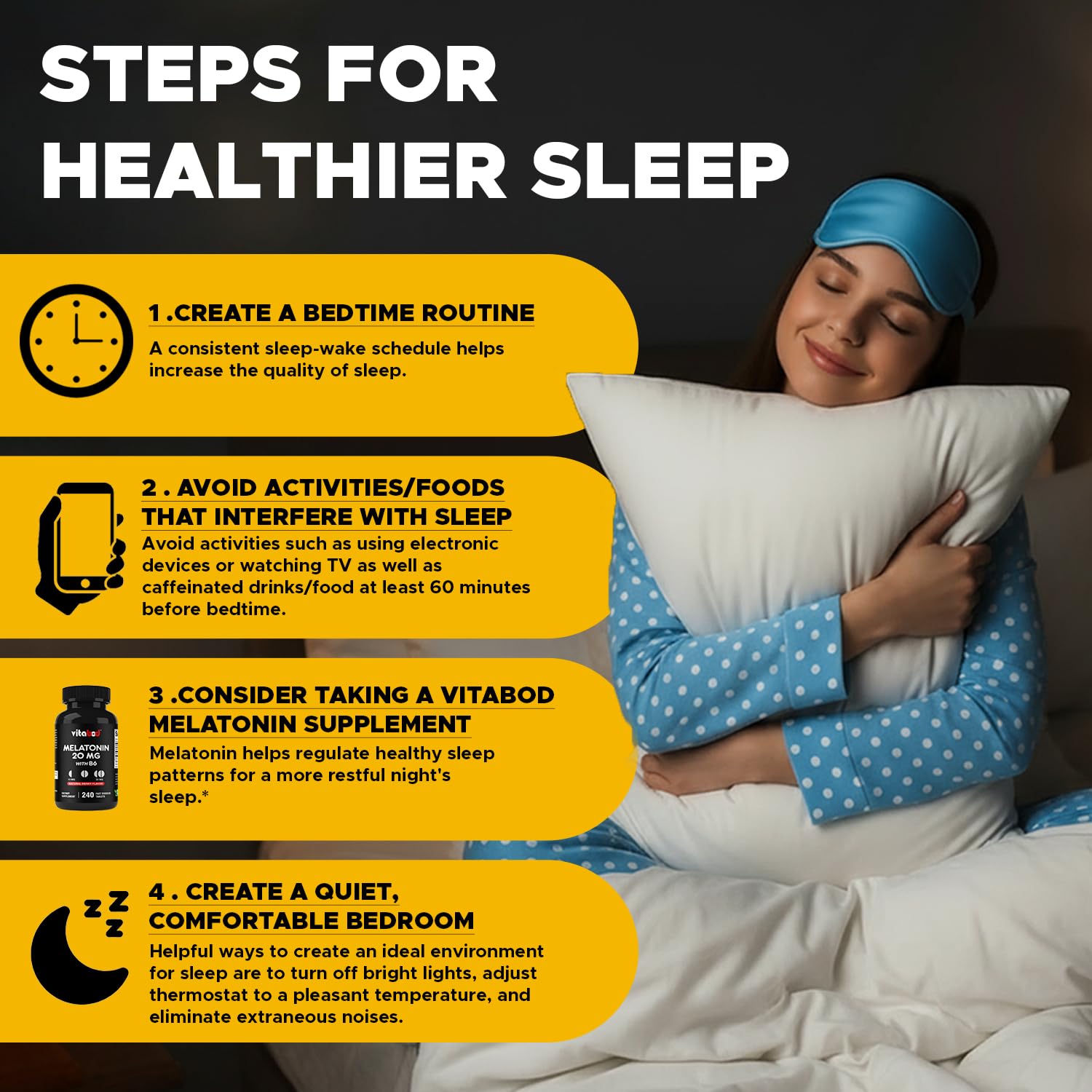 Three-bottle, 240-count Vitabod Melatonin pack for extended use