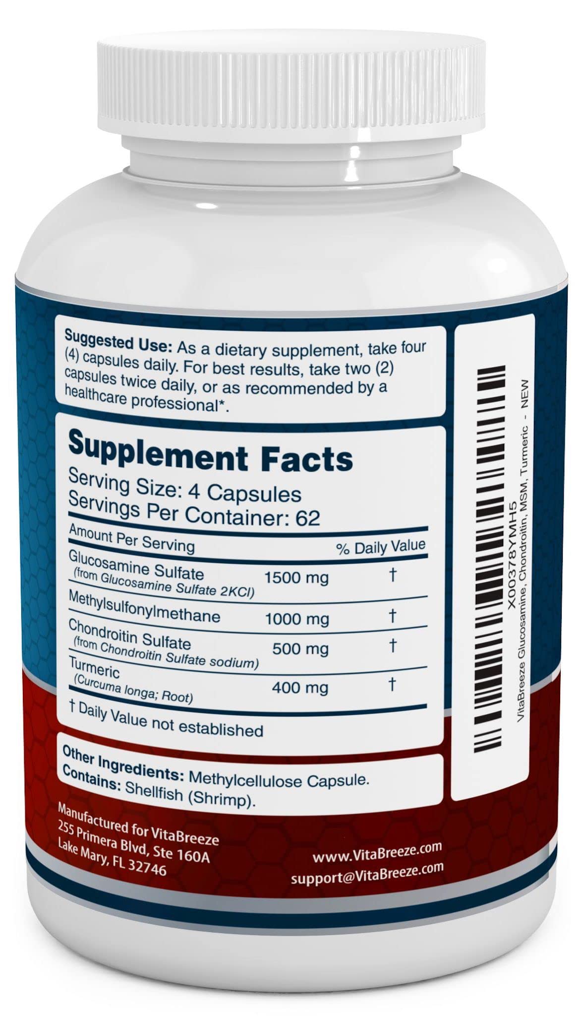 VitaBreeze glucosamine capsules closeup with smooth coating for easy swallowing.
