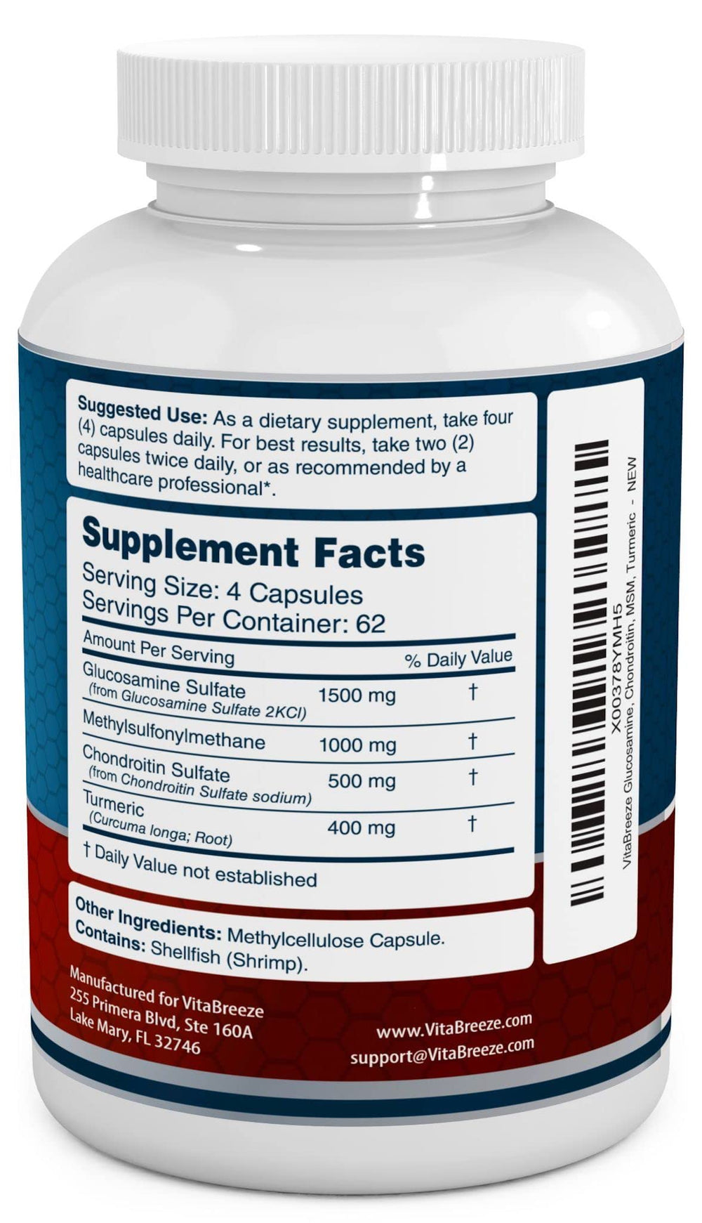 VitaBreeze glucosamine capsules closeup with smooth coating for easy swallowing.