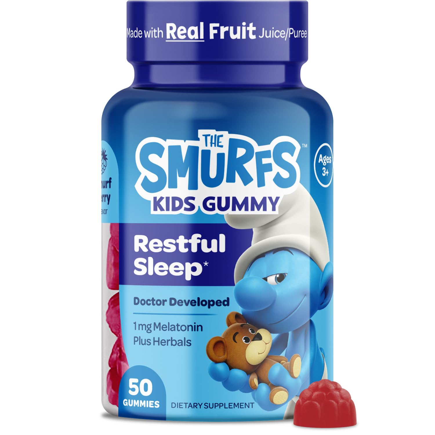 VITABURST Smurfs 1mg melatonin gummies bottle supports a gentle bedtime routine.