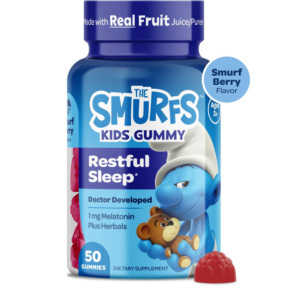 VITABURST Smurfs 50-count vegetarian gummies indicate kid-friendly daily use.