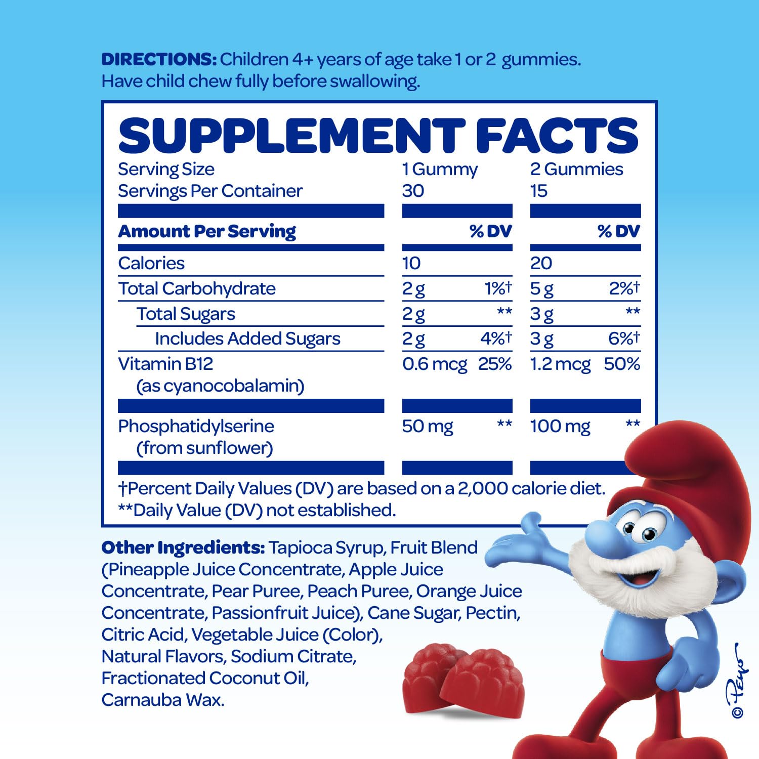 VITABURST Smurfs Focus Gummies label closeup highlights natural fruit ingredients.