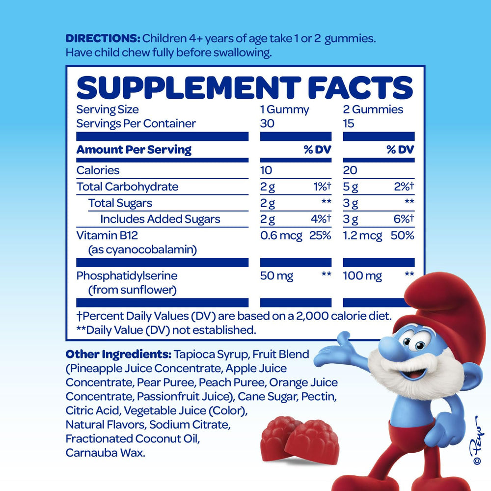 VITABURST Smurfs Focus Gummies label closeup highlights natural fruit ingredients.