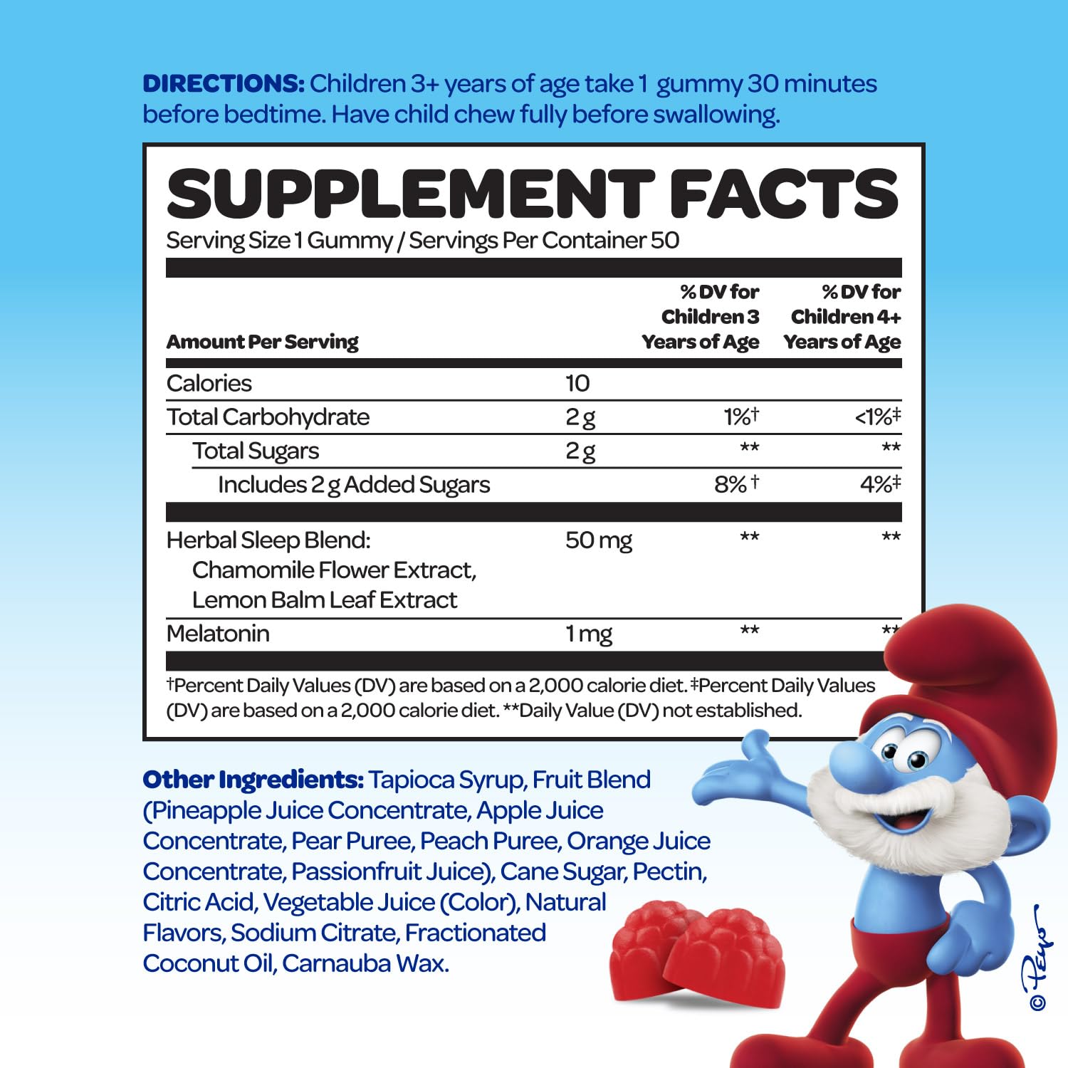 VITABURST Smurfs fruity gummies closeup highlights kid-friendly bedtime flavor.