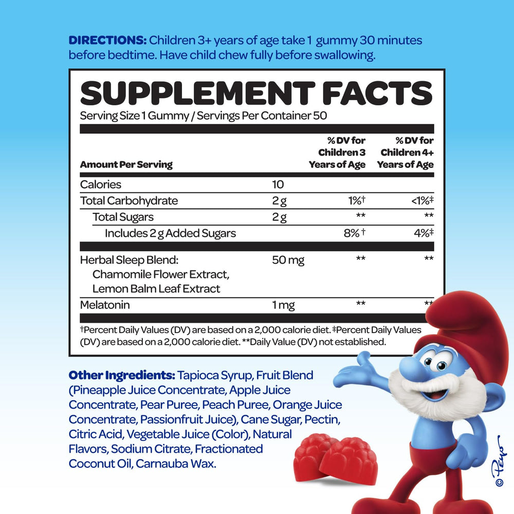 VITABURST Smurfs fruity gummies closeup highlights kid-friendly bedtime flavor.