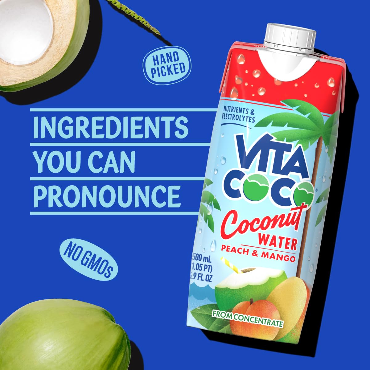 Vita Coco Peach & Mango label close-up showing gluten-free and non-GMO options