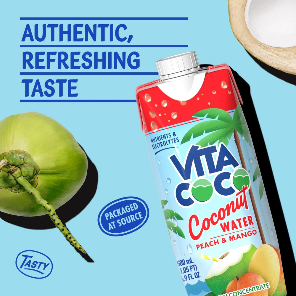Vita Coco Peach & Mango pack of 12 highlighting convenient hydration