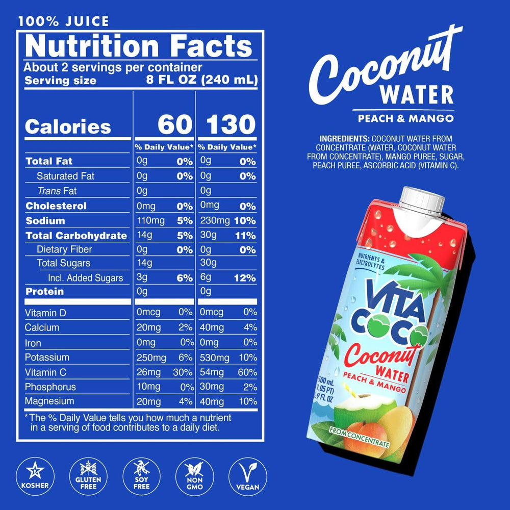 Vita Coco Peach & Mango coconut water pours into a glass with a tropical aroma