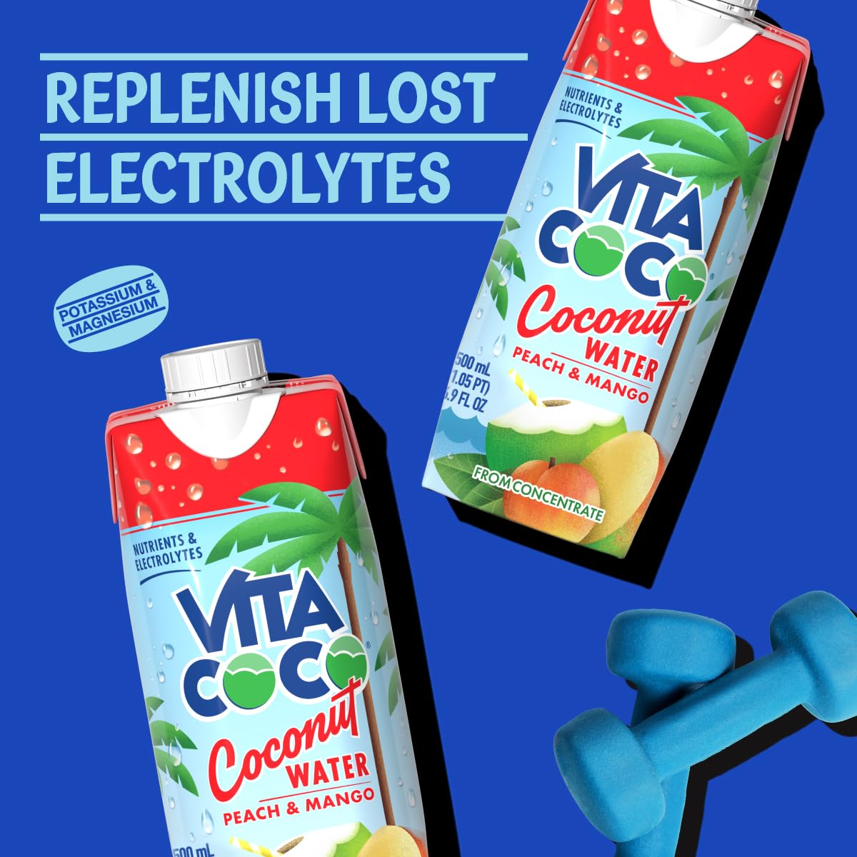 Vita Coco Peach & Mango coconut water splash to emphasize refreshing flavor