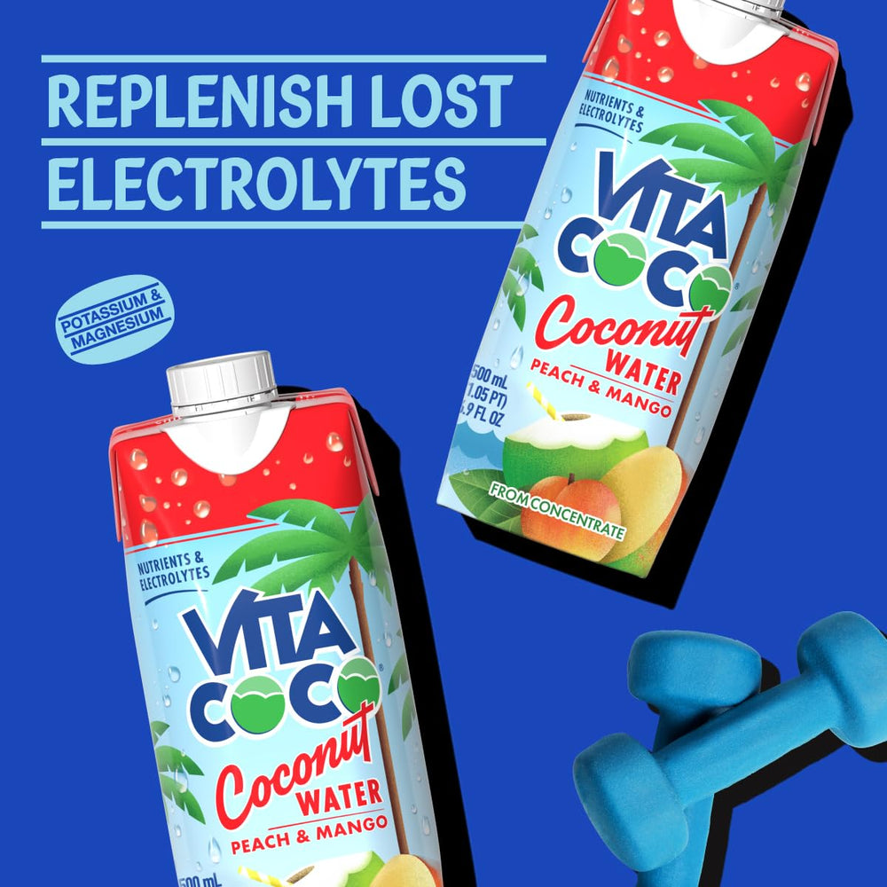 Vita Coco Peach & Mango coconut water splash to emphasize refreshing flavor