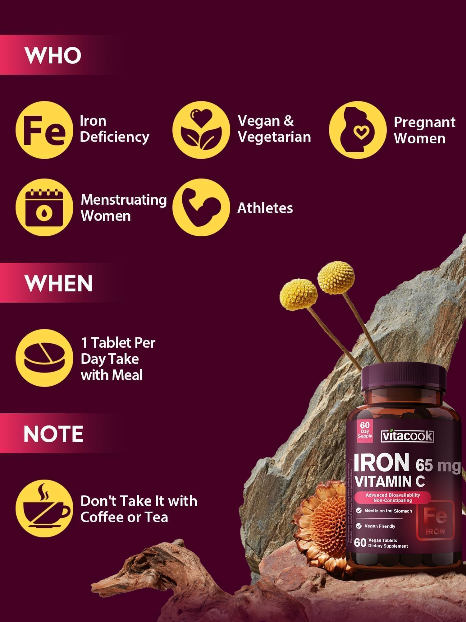 Vitacook immune support visual emphasizes vitamin C and iron synergy for daily wellness.