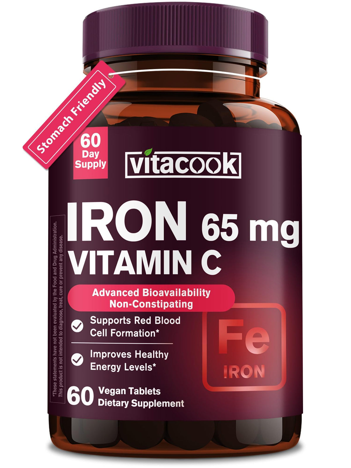 Vitacook iron 65mg bottle supports daily iron intake with vegan, gluten-free formula.