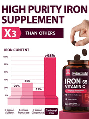 Vitacook iron 65mg tablets close-up shows easy-to-swallow pills with vitamin C.