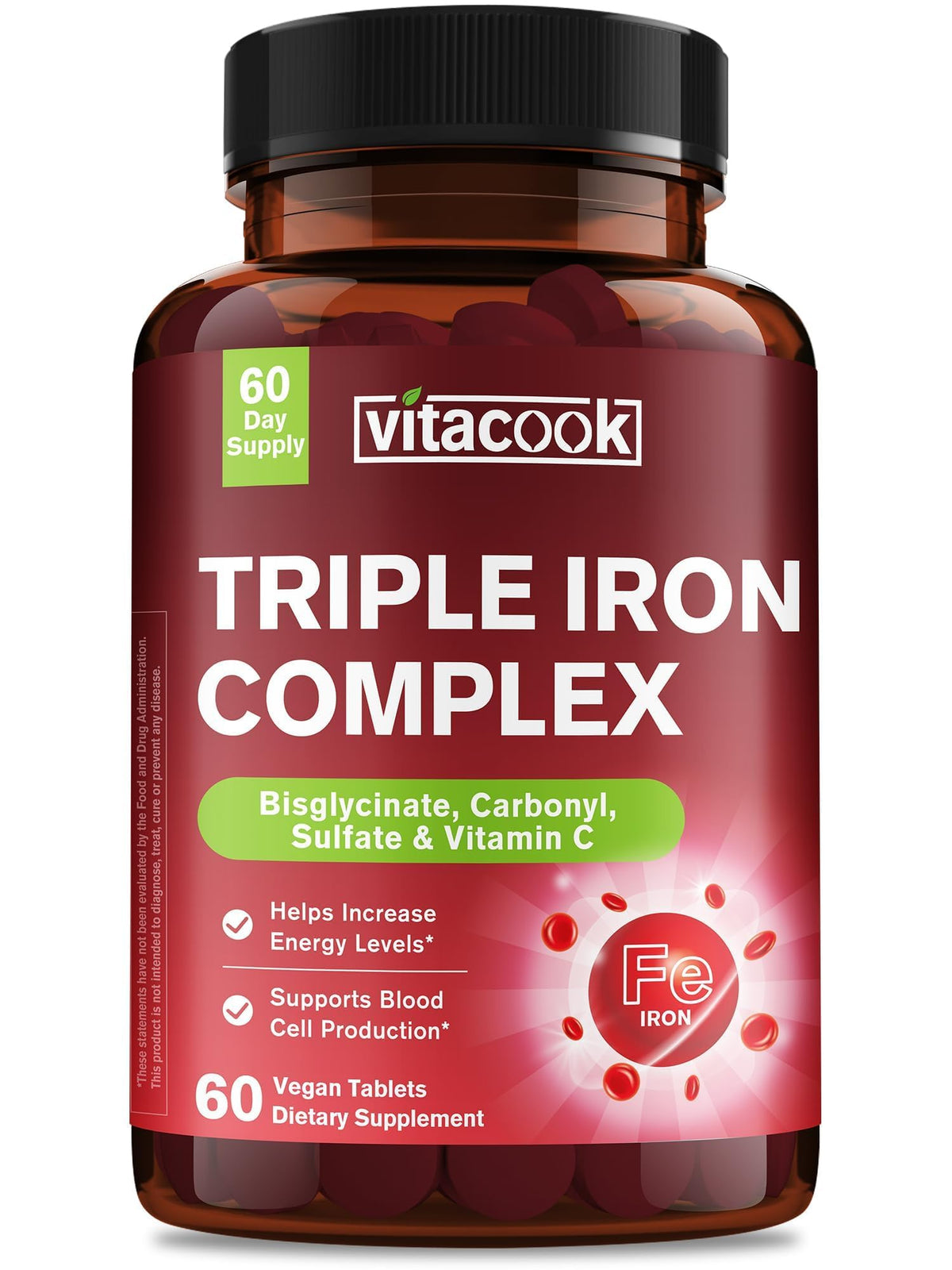 Vitacook iron supplement bottle close-up highlighting daily dose for energy support
