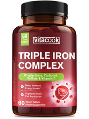 Vitacook iron supplement bottle close-up highlighting daily dose for energy support