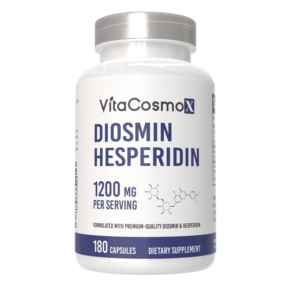 VitaCosmoX Diosmin Hesperidin 1200mg bottle cap close-up; potential leg comfort support.