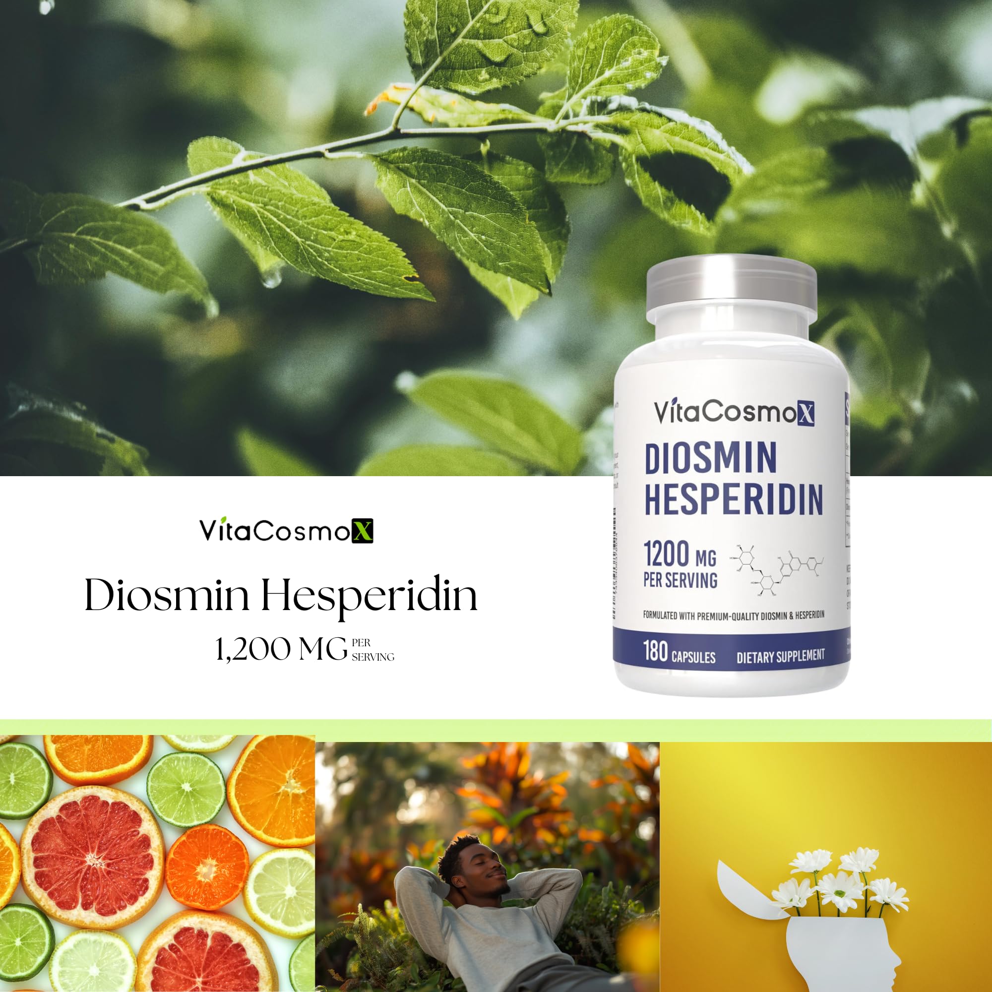 VitaCosmoX Diosmin Hesperidin 1200mg capsule tray; 90 servings for routine.