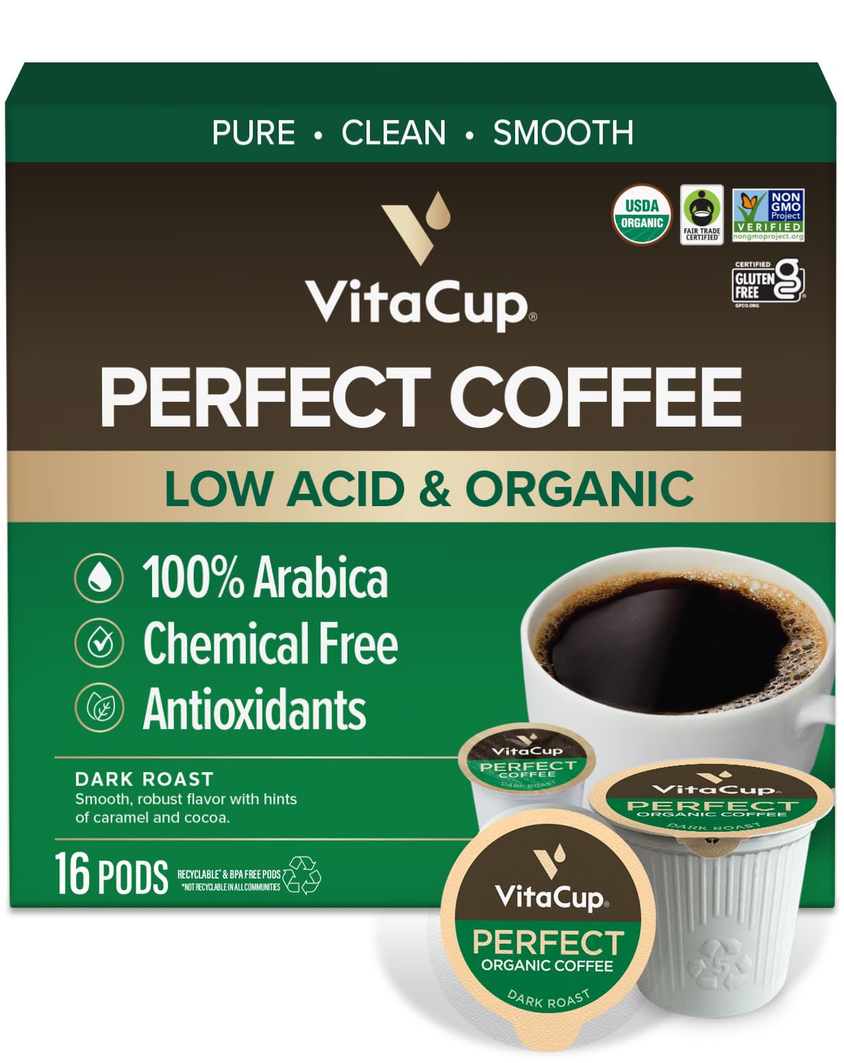VitaCup Perfect Low Acid pod pack shot, gentle morning coffee.