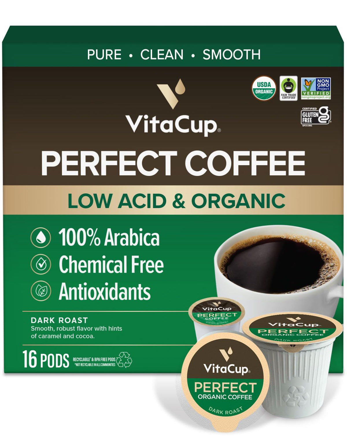 VitaCup Perfect Low Acid pod pack shot, gentle morning coffee.