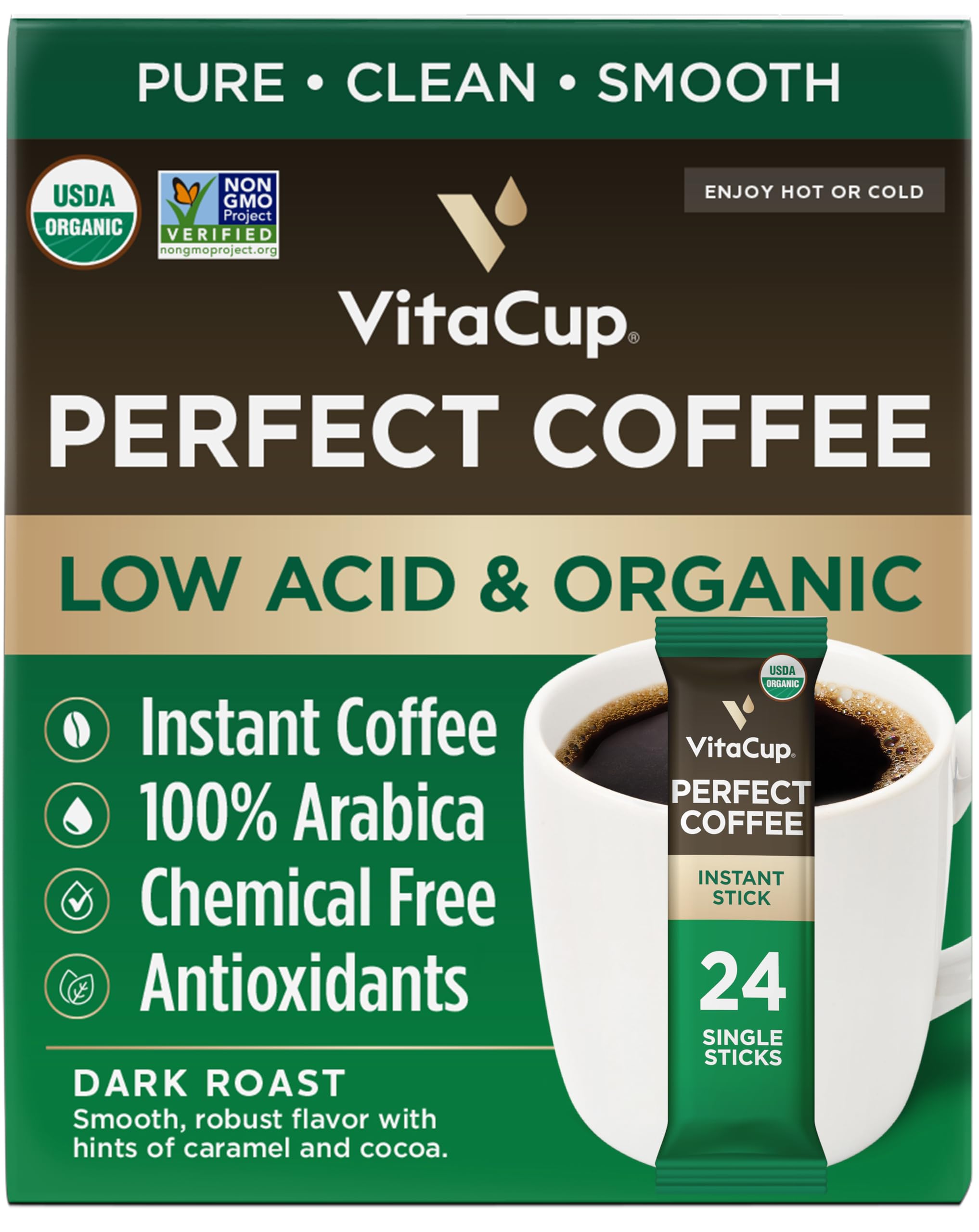 VitaCup Perfect Low Acid Instant Coffee packaging shows organic and convenient packaging.
