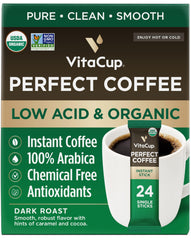 VitaCup Perfect Low Acid Instant Coffee packaging shows organic and convenient packaging.