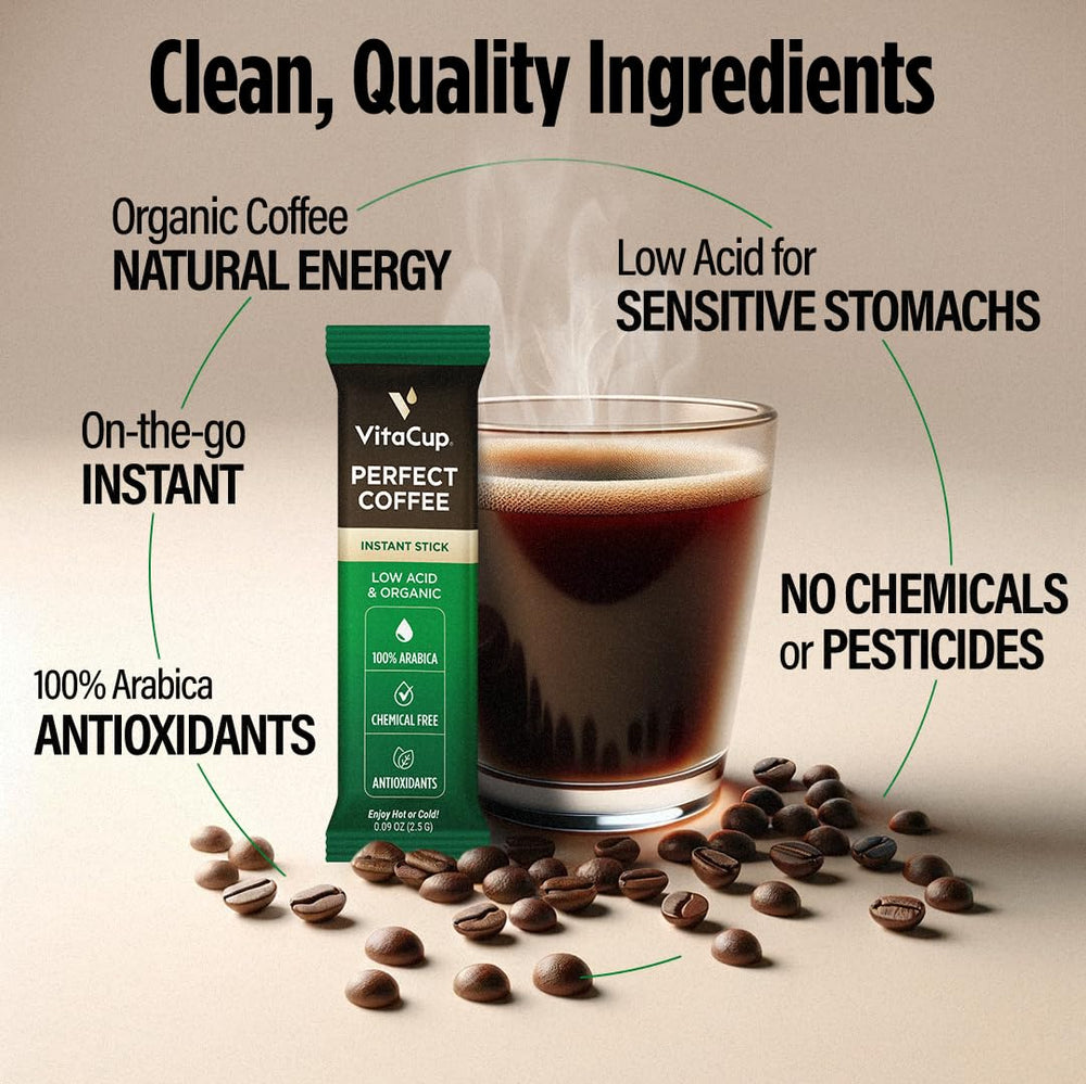 Pouring VitaCup coffee reveals smooth chocolatey notes with low acidity.