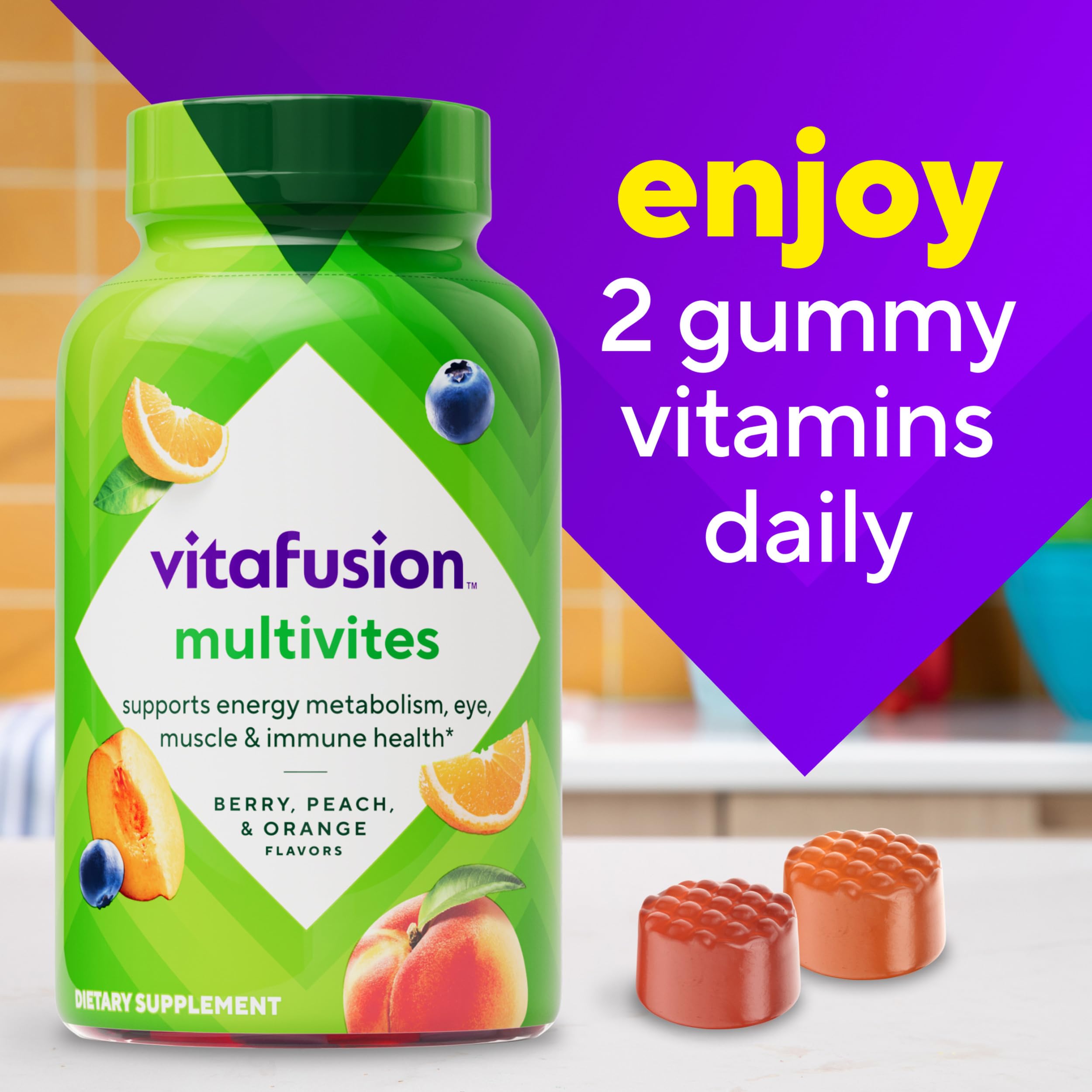 Bottle on shelf illustrating a convenient wellness option from Vitafusion.