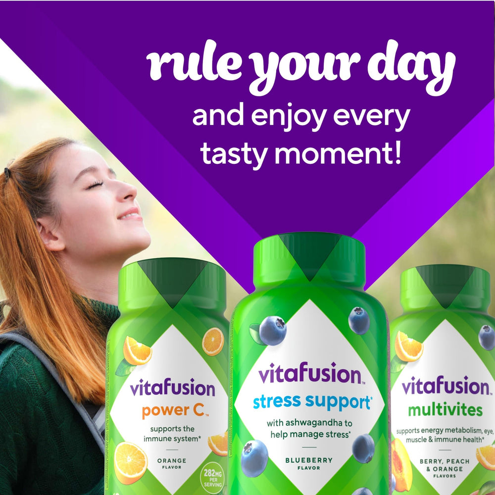 Glass Vitafusion bottle showcases a tidy daily habit for balance.