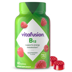 Vitafusion B12 gummy bottle front shows raspberry flavor and energy support.