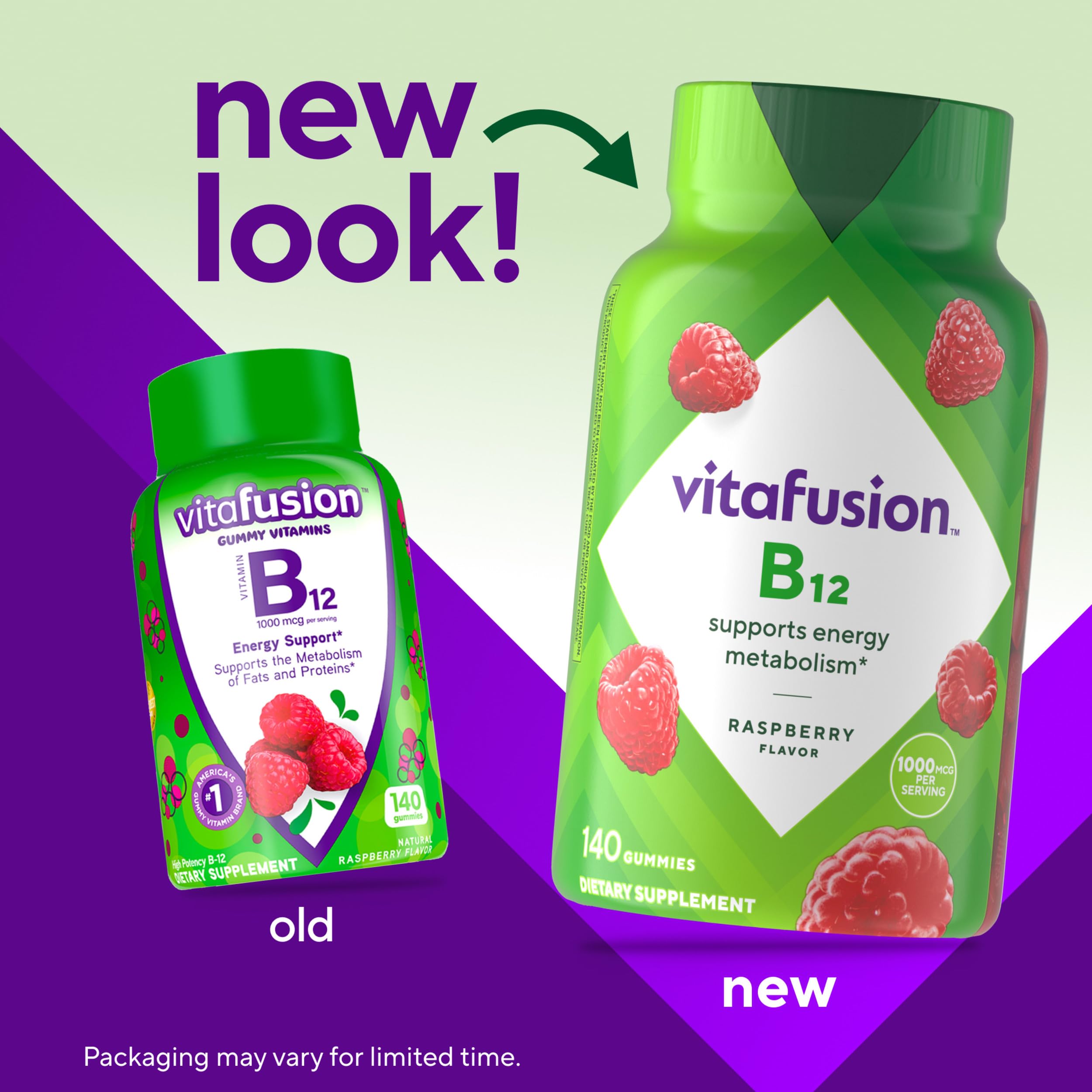Vitafusion B12 gummies two-gummy serving for convenient energy metabolism support.