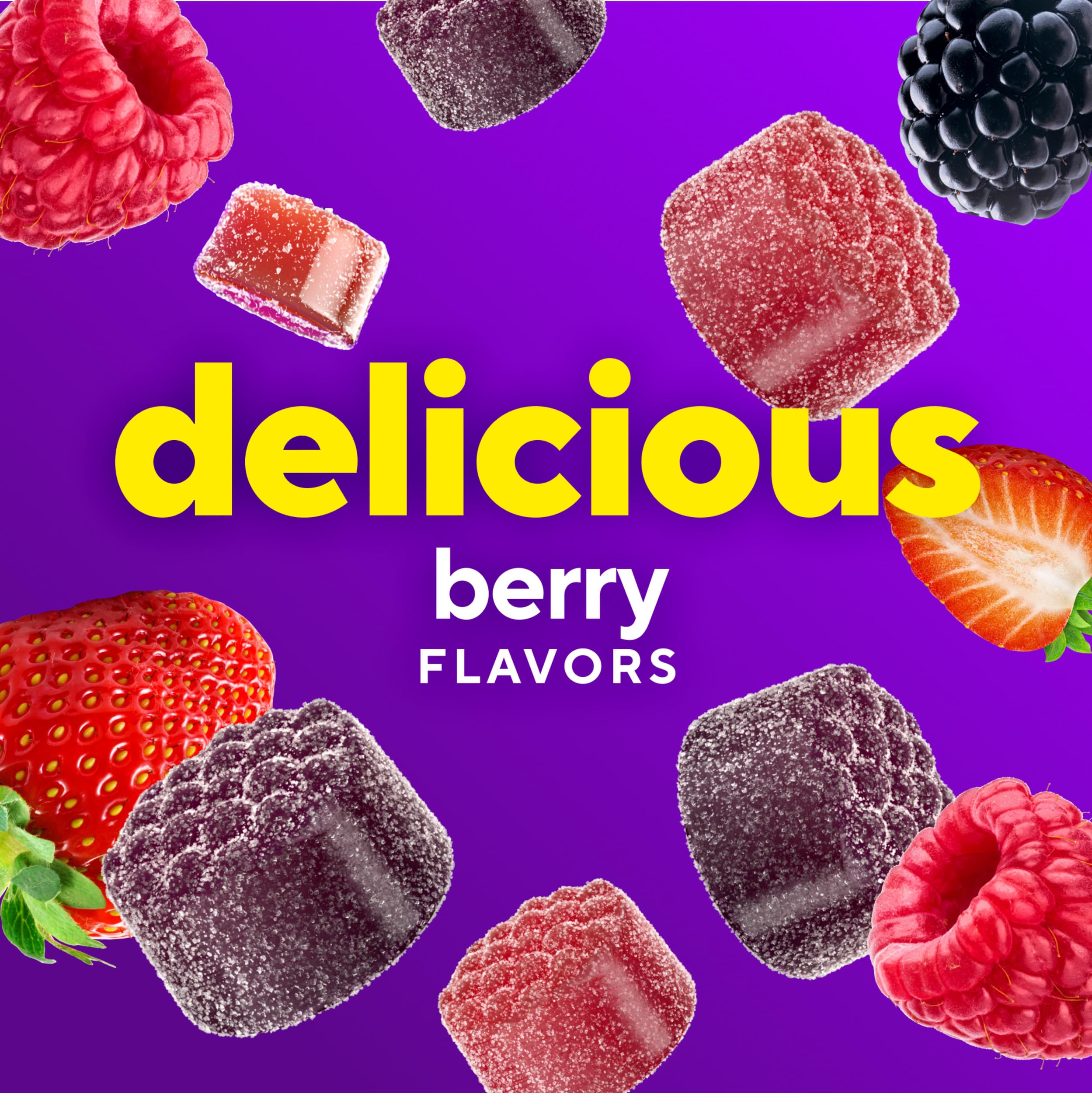 Berry gummies on a spoon showing the two-gummy serving