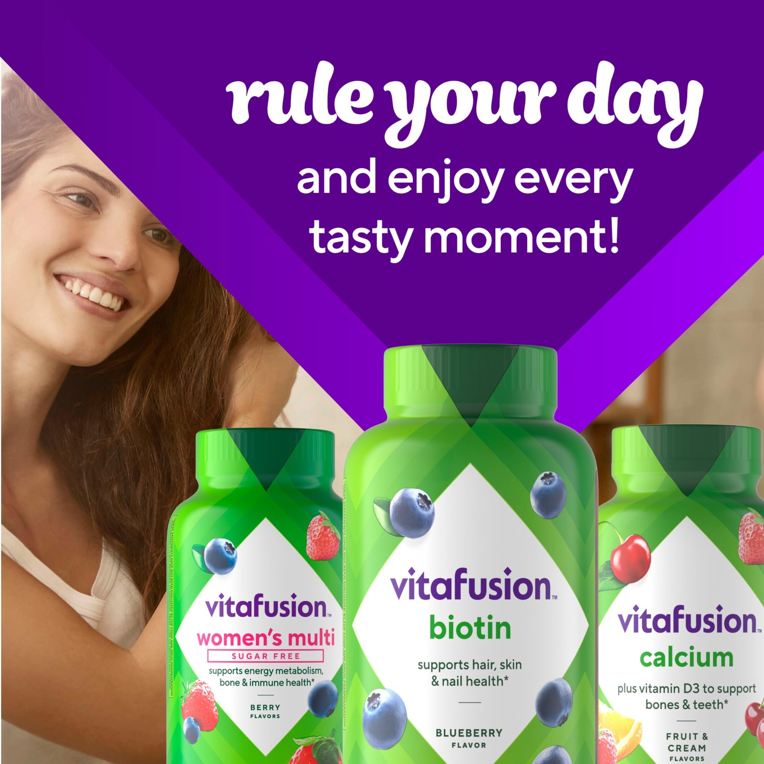 Vitafusion Biotin gummies offering a 50-day supply in a 100-count bottle.