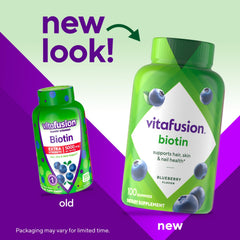 Close-up of Vitafusion Biotin gummies with berry flavor for daily wellness.