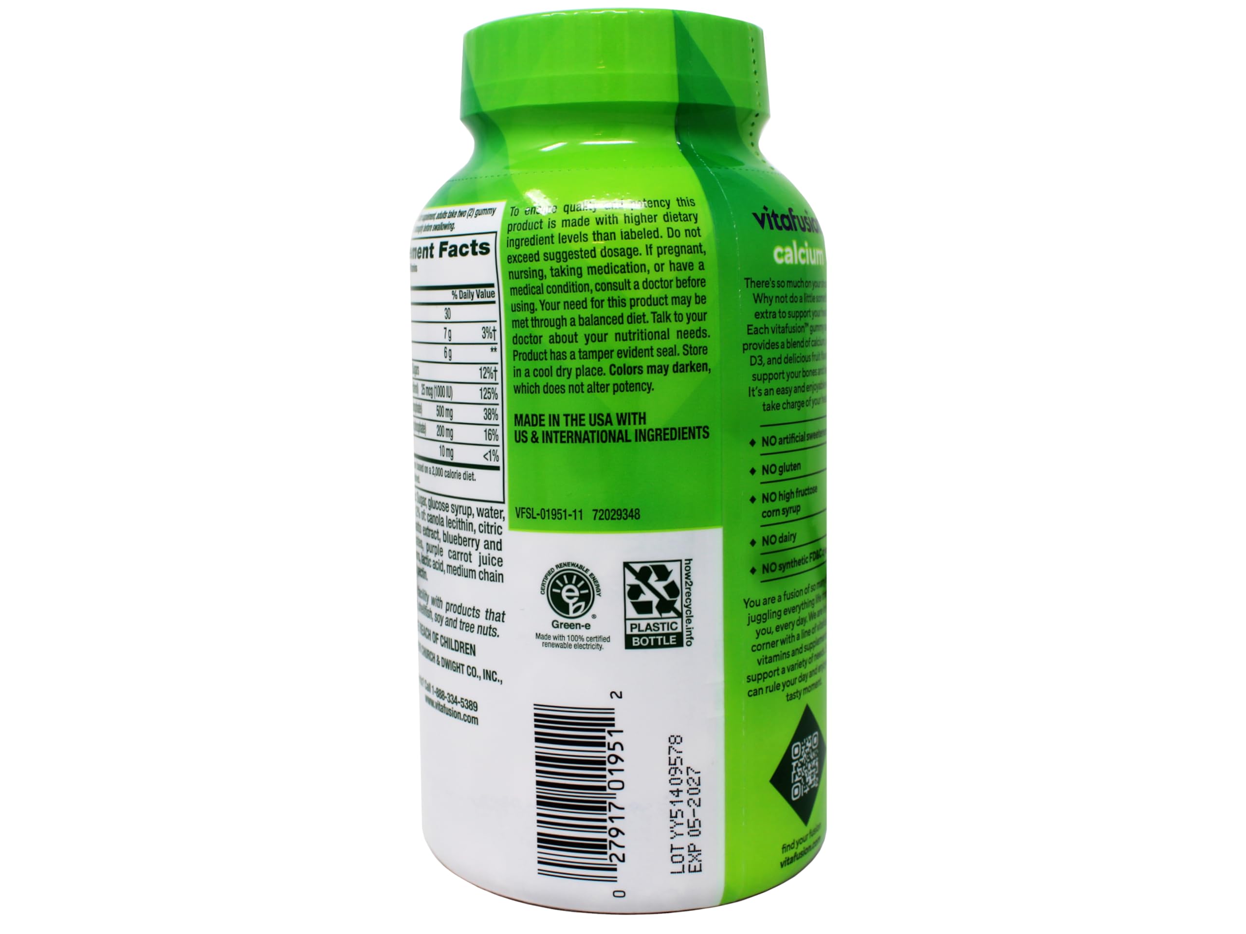 Vitafusion calcium gummies bottle pouring gummies to illustrate easy daily use