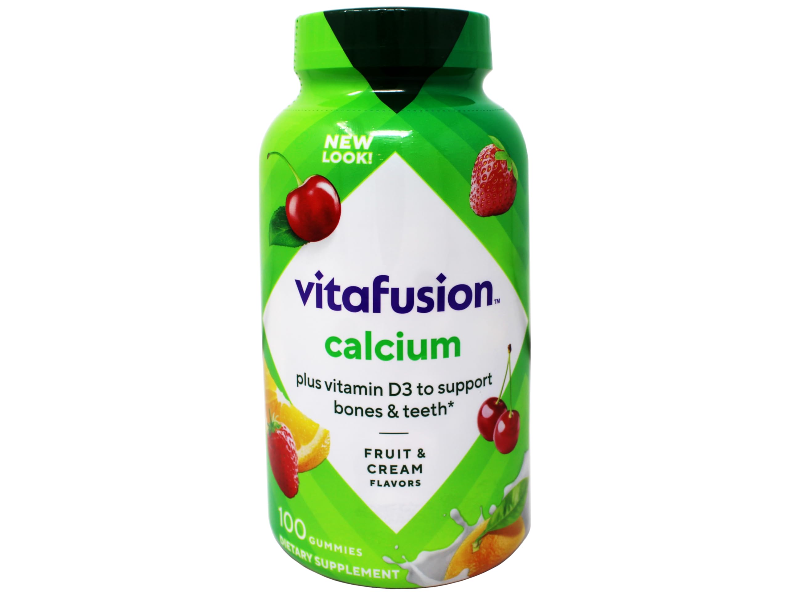 Vitafusion calcium gummies jar front close-up emphasizes 500 mg calcium per serving for daily use