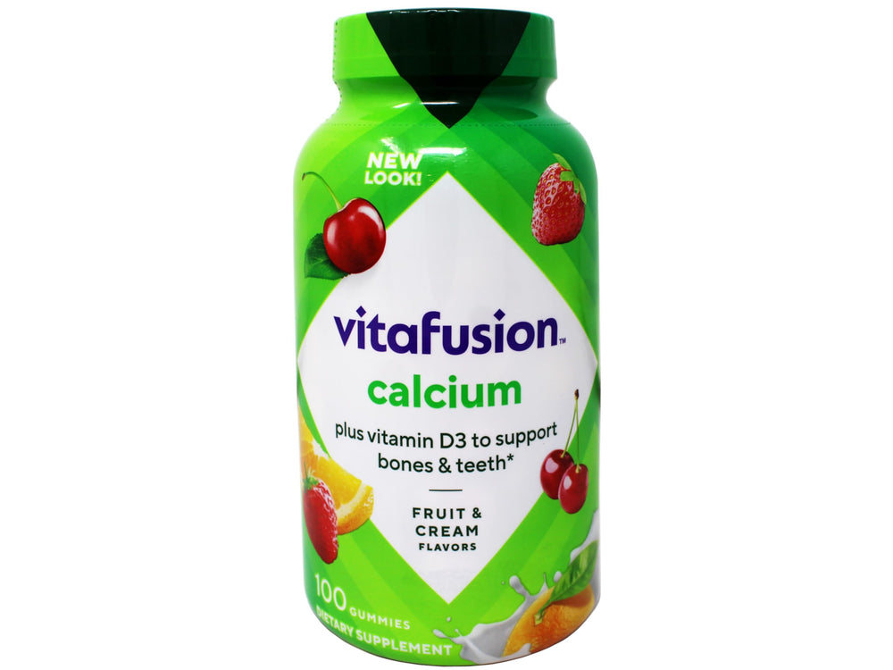Vitafusion calcium gummies jar front close-up emphasizes 500 mg calcium per serving for daily use