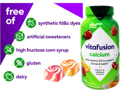 Vitafusion calcium gummies texture close-up showing chewy bite and fruity aroma