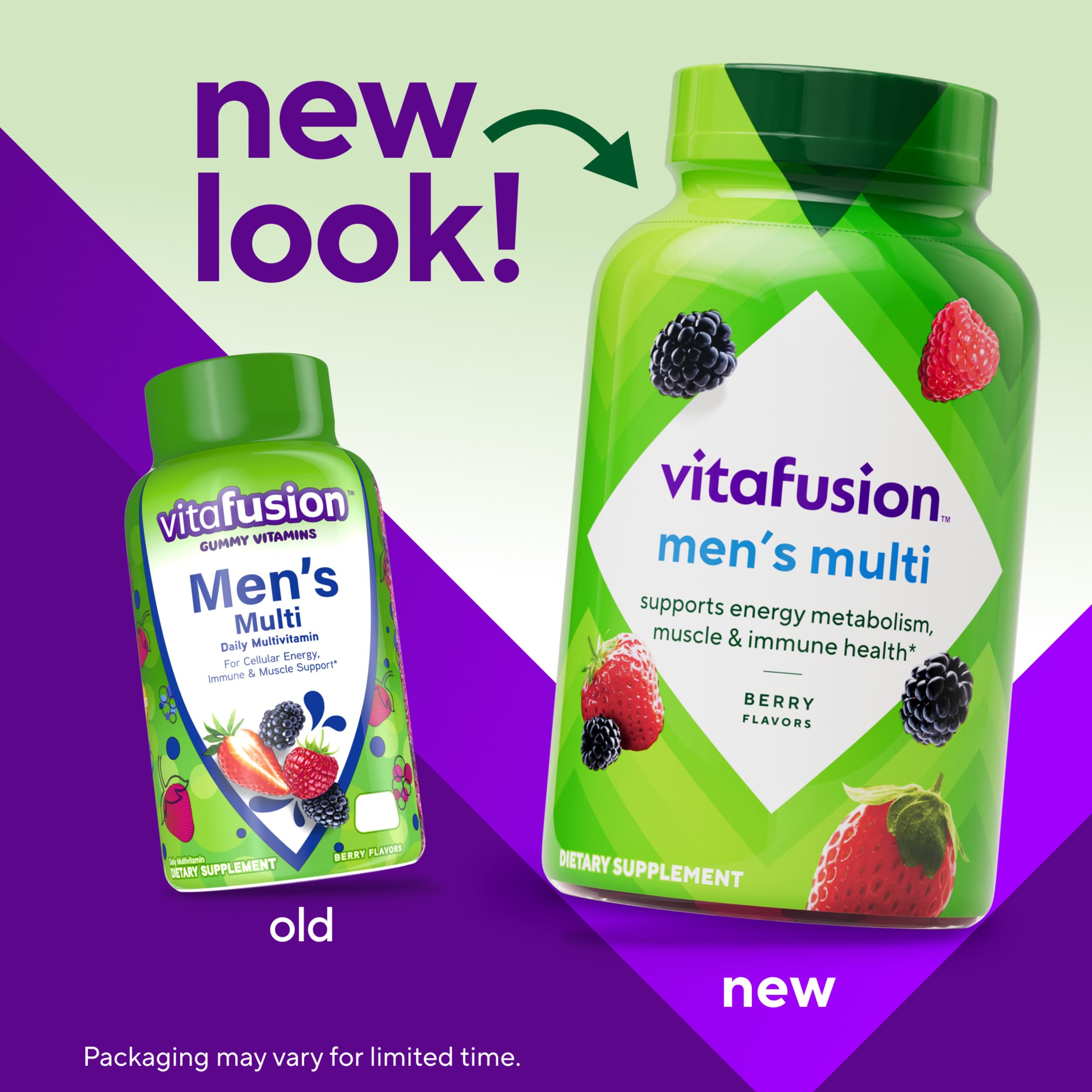 Close-up of Vitafusion bottle label highlighting vitamins A, C, D for immune support