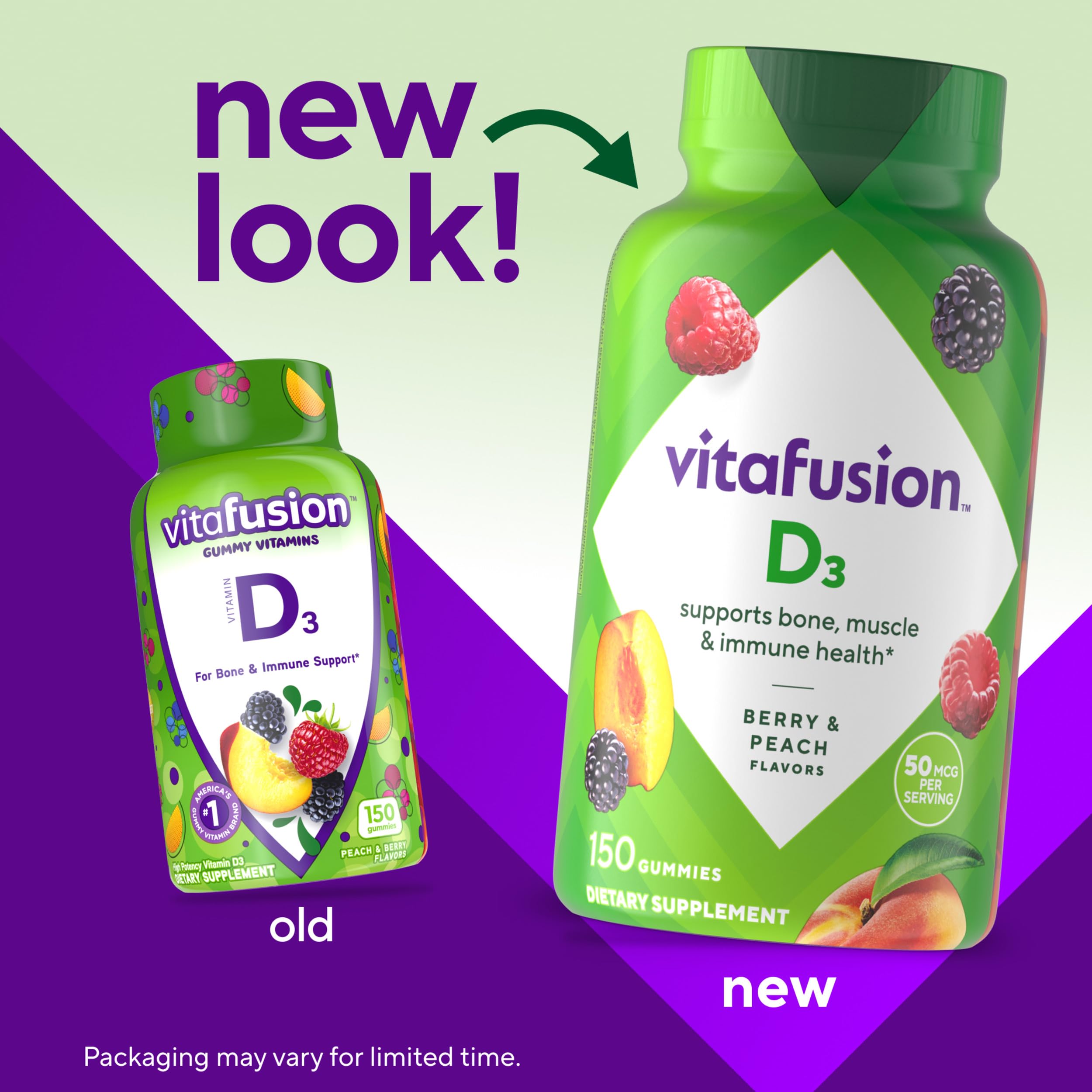 Vitafusion Vitamin D3 Gummies blackberry flavor bottle view emphasizing daily bone health.