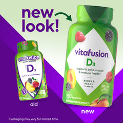 Vitafusion Vitamin D3 Gummies blackberry flavor bottle view emphasizing daily bone health.