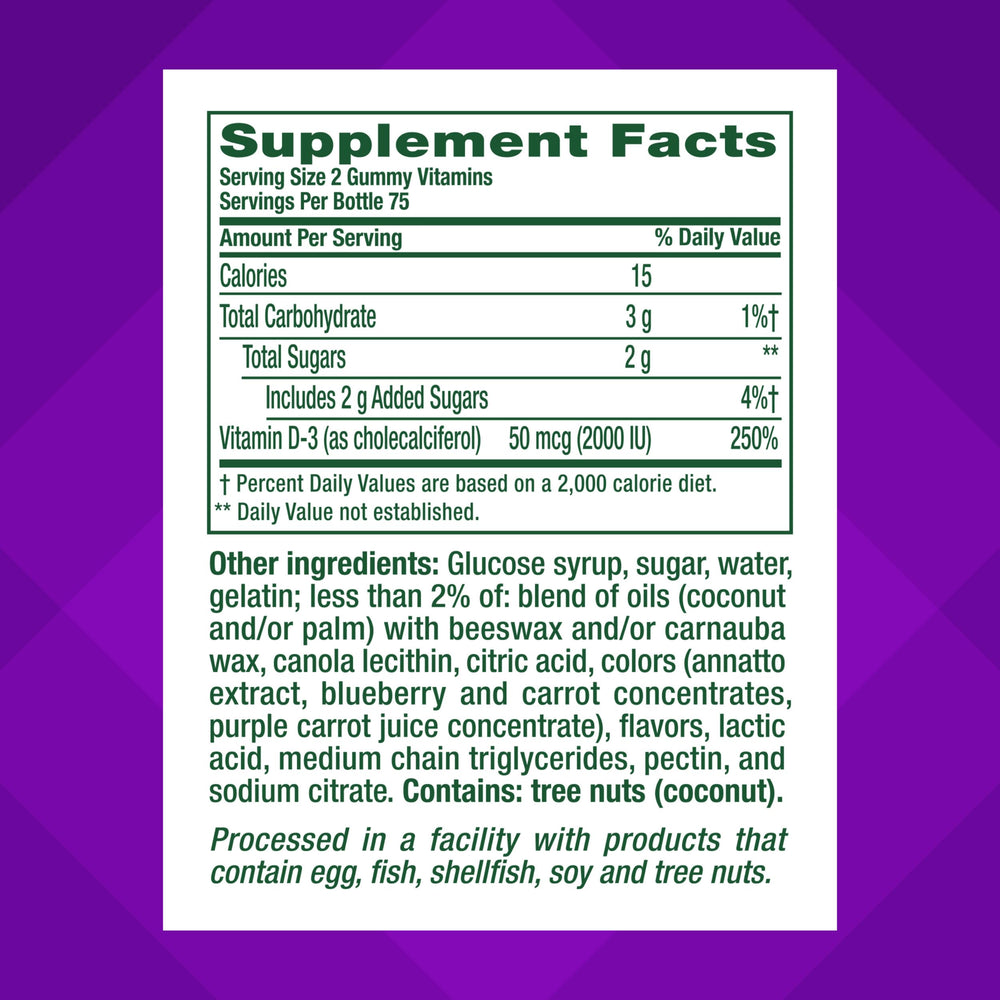 Vitafusion Vitamin D3 Gummies bottle front showing packaging and daily dose.