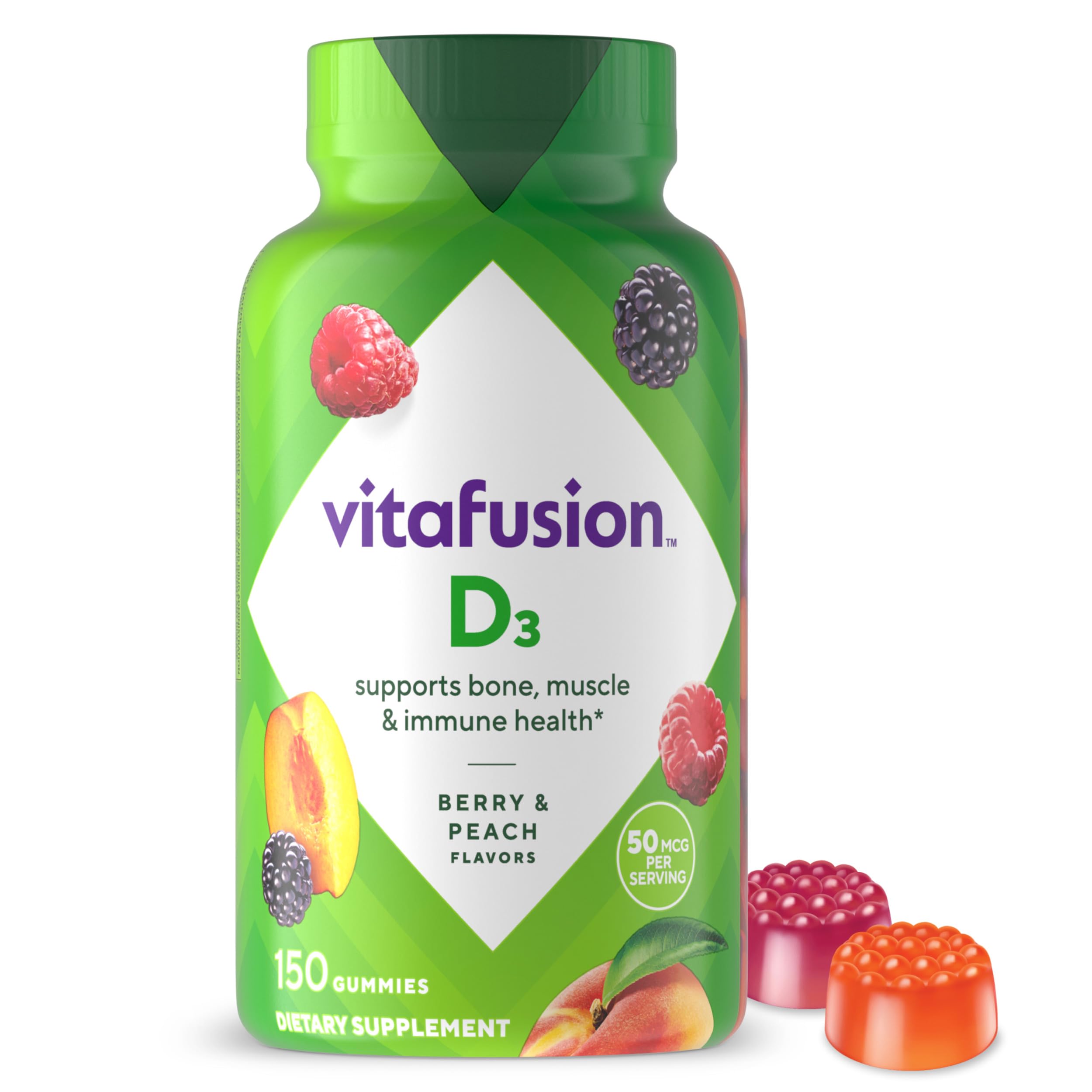Vitafusion Vitamin D3 Gummies peach flavor close-up highlighting tasty immune support.
