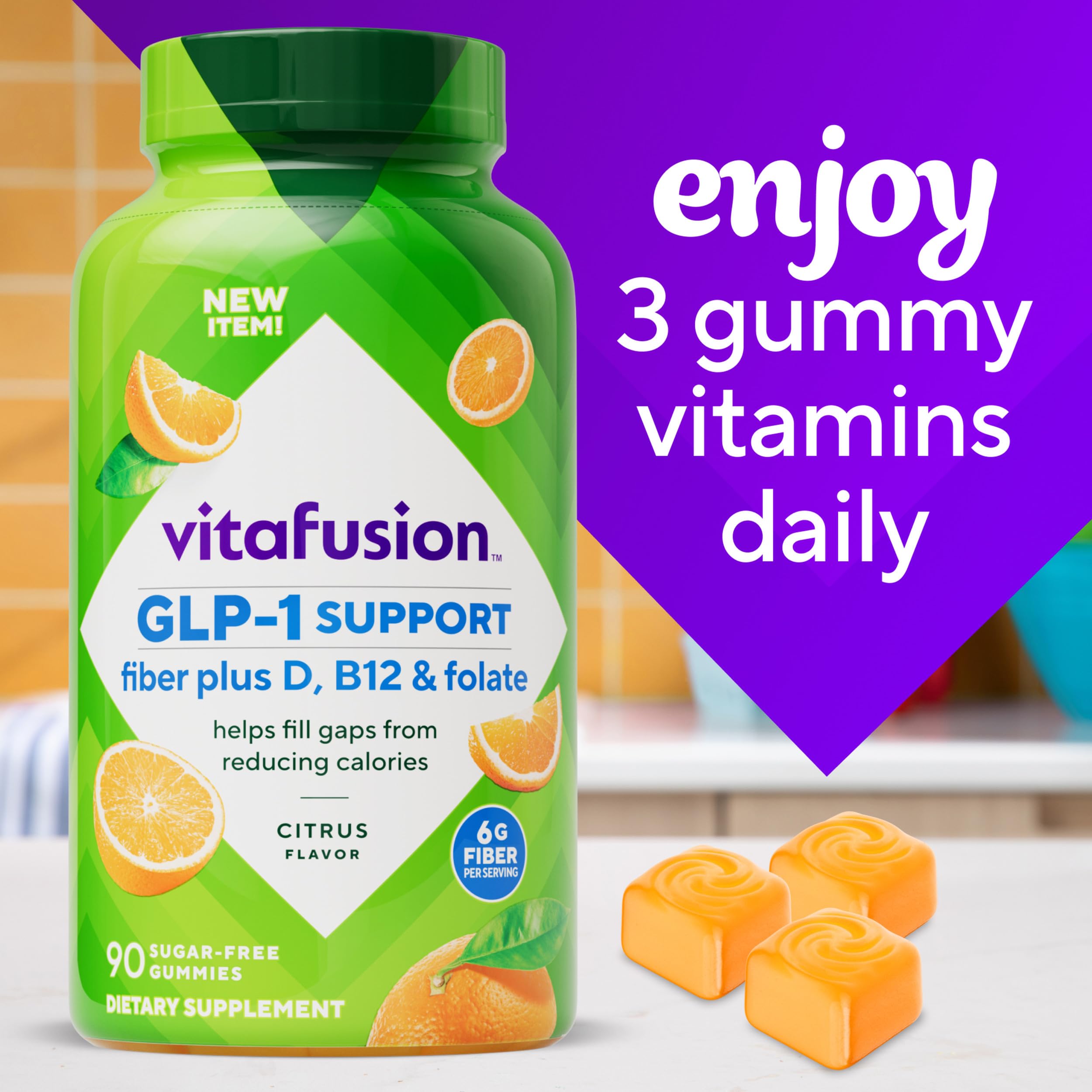 Detail of 90-count bottle label for Vitafusion GLP-1 gummies.
