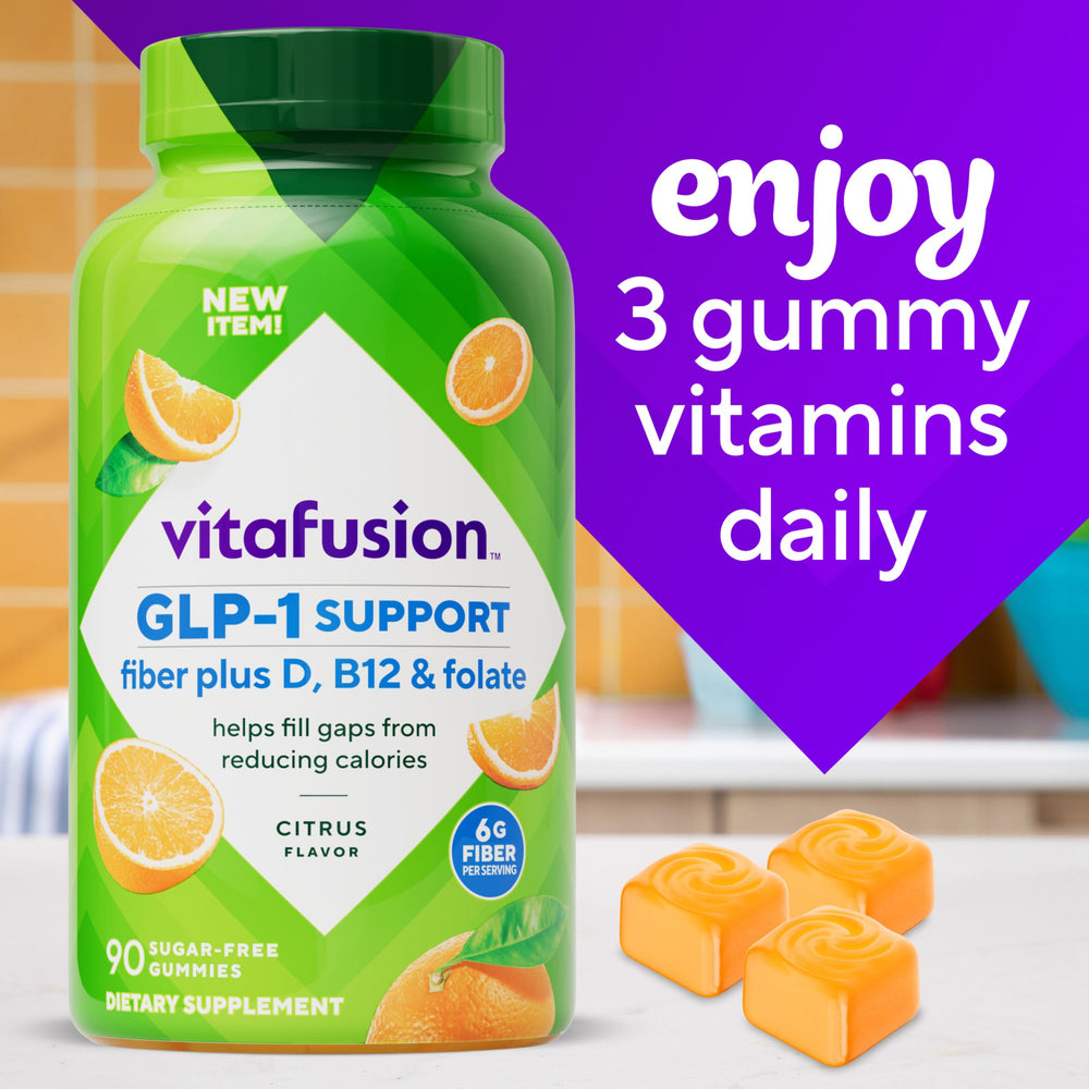 Detail of 90-count bottle label for Vitafusion GLP-1 gummies.