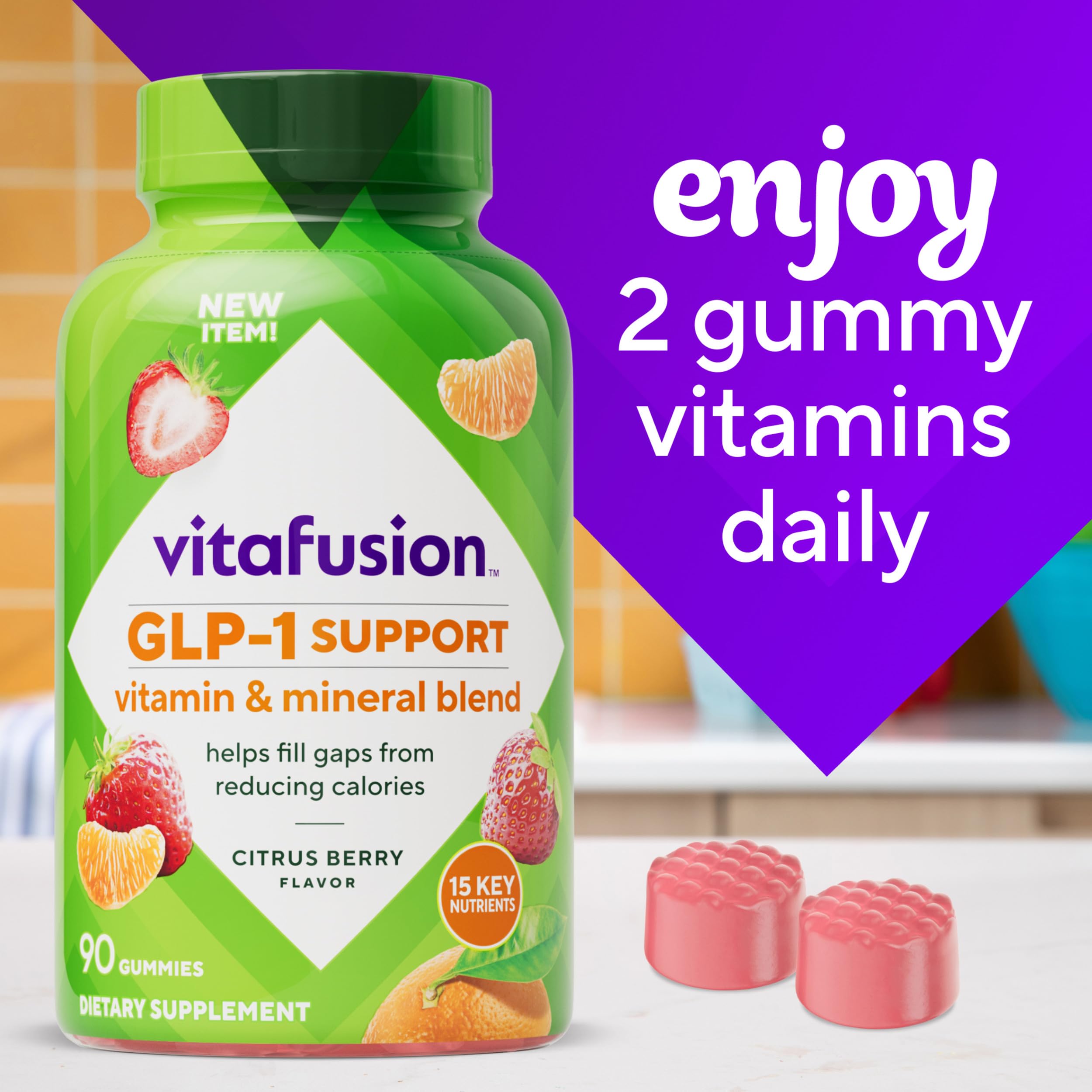 Vitafusion GLP-1 bottle pouring gummies into hand