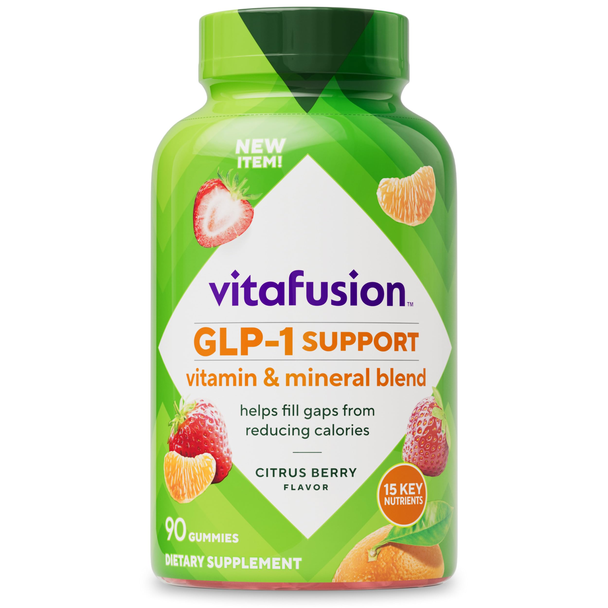 Vitafusion GLP-1 Support bottle showing a 90-count Citrus Berry gummies