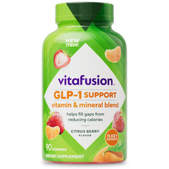 Vitafusion GLP-1 Support bottle showing a 90-count Citrus Berry gummies
